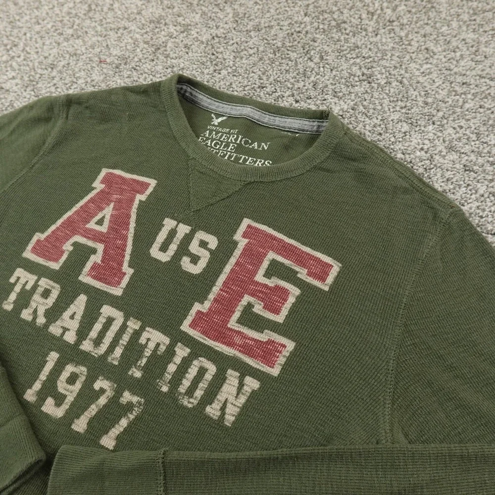 American Eagle‎ Shirt Mens L Green Waffle Knit Thermal Crewneck Logo Preppy Y2K